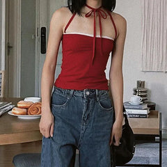 Red Lace Tie Up String Top