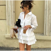 White Collar Shirt And Frill Mini Skirt Set