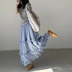Blue Ruffles Plaid Long Skirt - Preppy A-Line