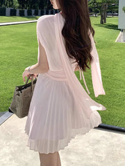 Pink Scarf V Neck Short Sleeve Pleated Wrap Mini Dress