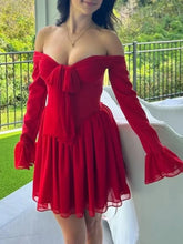 Off-shoulder Long Flare Sleeve Bow Mini Dress