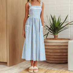 Gingham Strap Pocket Midi Dress