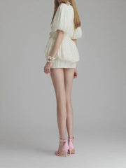 White Solid Spliced Appliqués Puff Mini Dress