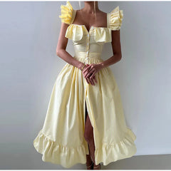 Ruffles Striped Square Collar Buttoned Long Dress