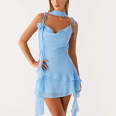 Blue Ruffles Cami Dress With Scarf