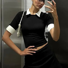 Black T-shirt Two Tone Collar Top