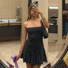 Black Polka Dot Halter Mini Dress