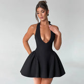 Deep V-Halter Backless A-line Mini Dress