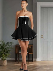 Black Tube Flare Bow Mini Dress