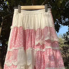 Pink Floral Lace Maxi Skirt - Y2K Loose Fit
