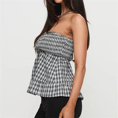 Black Plaid Strapless Peplum Top