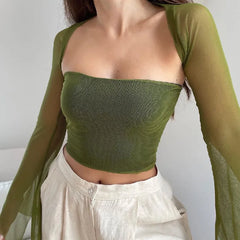 Whimsical Mesh Crop Top With Flares