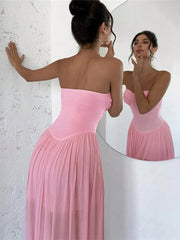 Pink Strapless Mesh Maxi Dress
