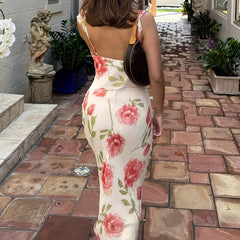 White Printed Ruffles Trim Maxi Dress