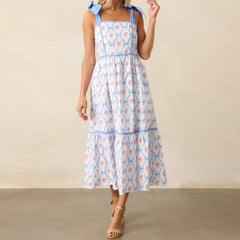 Effortless Printed Tiered Midi Dress - Square Neck with Tie Shoulder