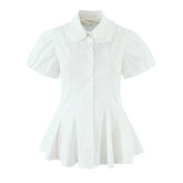 White Peter Pan Collar Short Puff Sleeve Shirt