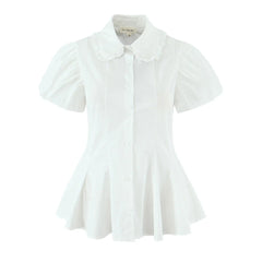 White Peter Pan Collar Short Puff Sleeve Shirt