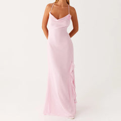 Pink Cowl 3D Flower Maxi Dress