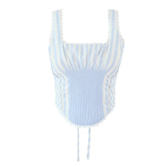 Blue Stripe Lace Trim Corset Top
