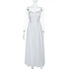 White Floral Embroidered Midi Bustier Dress