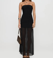 Black Strapless Drawstring Maxi Dress