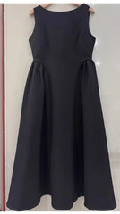 Solid Round Neck Waist A-line Sleeveless Midi Dress