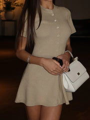 Knitted Short Sleeve Button A-Line Mini Dress