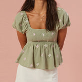 Puff Sleeve Flower Embroidered Smocked Square Neck Babydoll Top