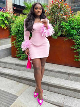 Pink Fur Long Sleeve Crop Top And Mini Skirt Set