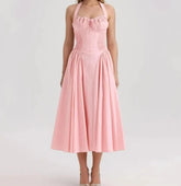 Pink Halter Drawstring Midi Dress