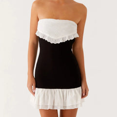 Black Strapless Patchwork Ruffle Hem Mini Dress - A-Line Fit