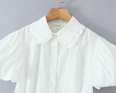 White Peter Pan Collar Short Puff Sleeve Shirt