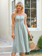 Solid Green Loose Waist A Shape Midi Dress