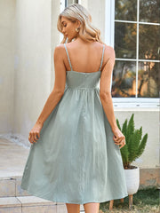 Solid Green Loose Waist A Shape Midi Dress