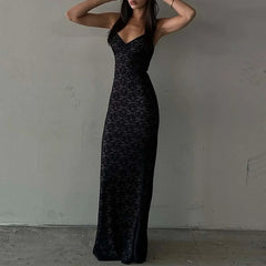 Elegant Solid Lace See Through Spaghetti Strap Backless Maxi Summer Party Dress