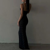 Elegant Solid Lace See Through Spaghetti Strap Backless Maxi Summer Party Dress