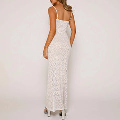 Elegant Solid Lace See Through Spaghetti Strap Backless Maxi Summer Party Dress