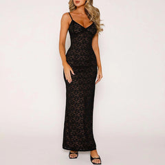 Elegant Solid Lace See Through Spaghetti Strap Backless Maxi Summer Party Dress
