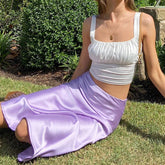 Solid Elegant Purple Satin Silk High Waisted Office Midi Skirt