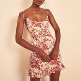 Summer Clothes For Ruffle Hem Elegant Floral Print Frill Edge V Neck Sleeveless Tie Strap Mini Dress