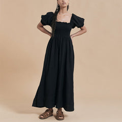 Summer Dresses For Square Neck Smocked Short Puff Sleeve Vacation Beach Style