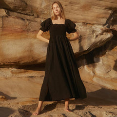 Summer Dresses For Square Neck Smocked Short Puff Sleeve Vacation Beach Style