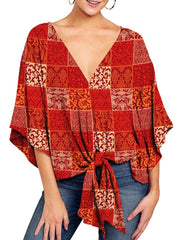 Summer Elegant Office Blouse Clothes V neck 34 Sleeve Floral Print Streetwear Shirts