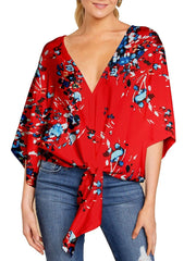 Summer Elegant Office Blouse Clothes V neck 34 Sleeve Floral Print Streetwear Shirts