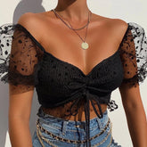 Polka Dot Mesh Puff Sleeve Top