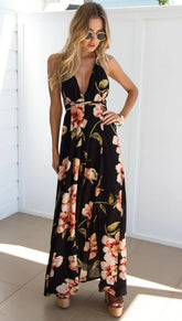 Summer Floral Pleated Backless Robe Evenning Midi Dresses