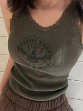 O Neck Sleeveless Tops Vintage Dark Green Lace Print Vest