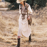 Vintage V Neck Boho Cotton Linen Floral Embroidery Long Boho Dress