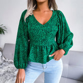 Summer Leopard Print Chiffon Shirt, Fashion V Neck Lantern Long Sleeve Ruffle Hem Top