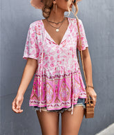 Women'S New Summer Print V Neck Flower Blouse, Short Sleeved